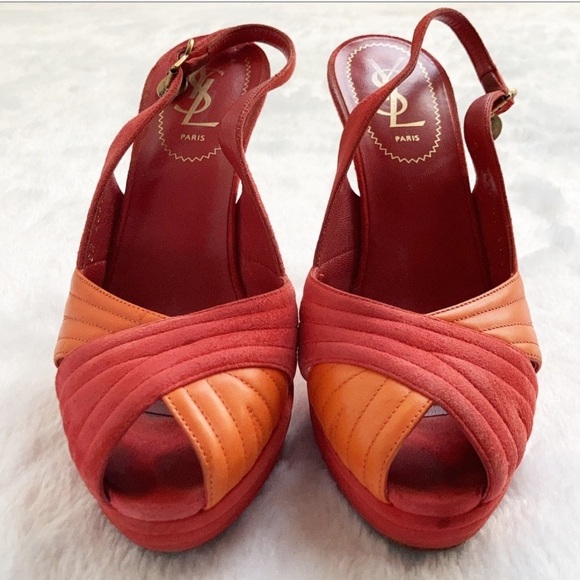 YSL Logo Palais 105 Orange and Coral Slingback Platform Heels, size 37.5 - Picture 3 of 11